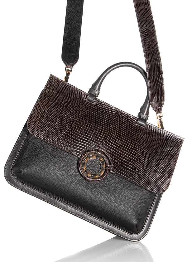Top handle and crossbody strap on brown leather & lizard saddle bag - Darby Scott