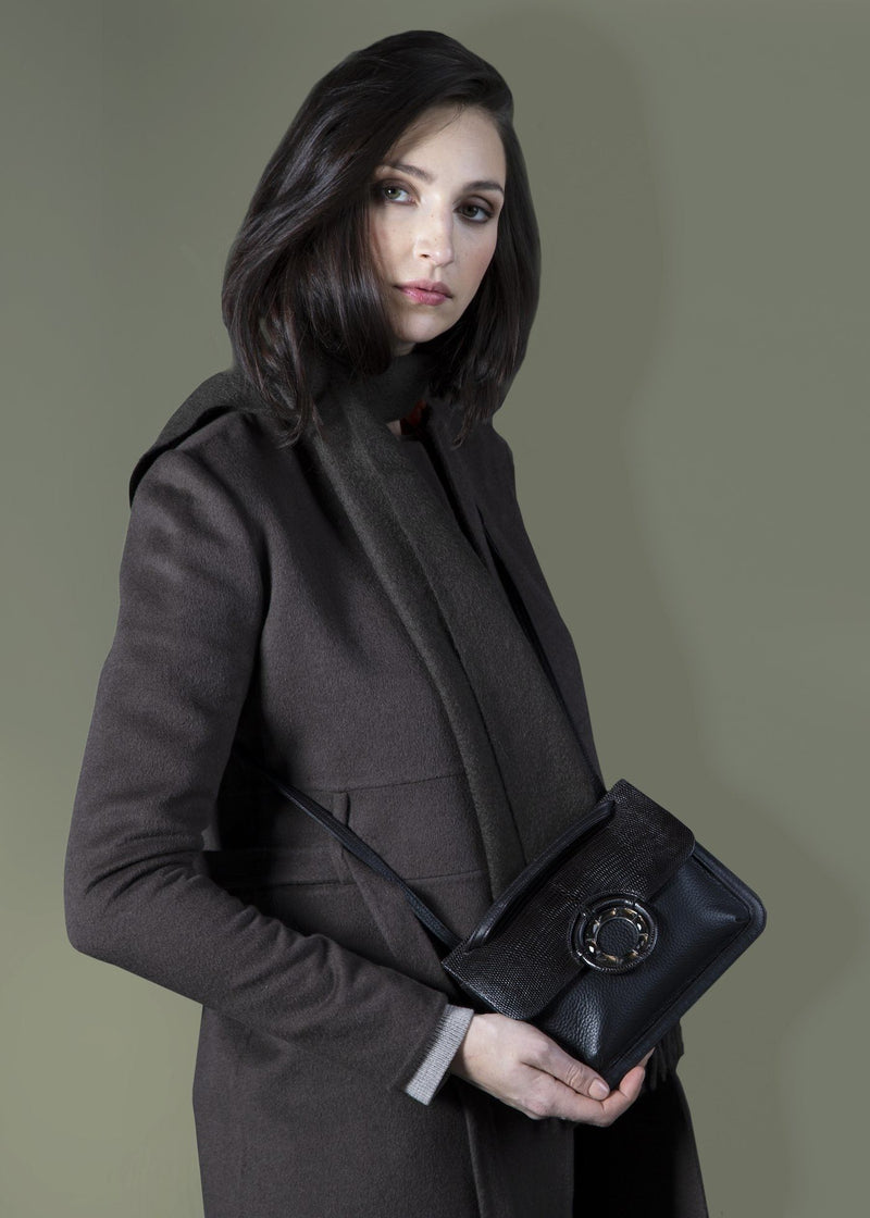 Model with Brown Leather with Brown Lizard Mini Saddle Bag - Darby Scott