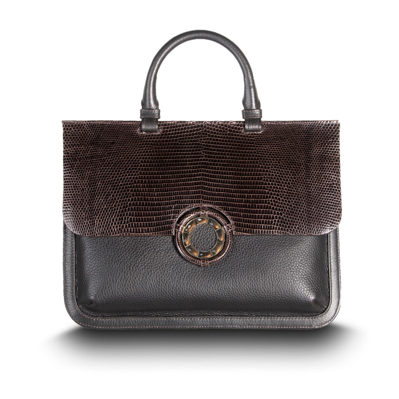Brown Lizard & Leather Jeweled Handbag, Sydney Convertible Satchel with Smokey Topaz Gemstones - Darby Scott