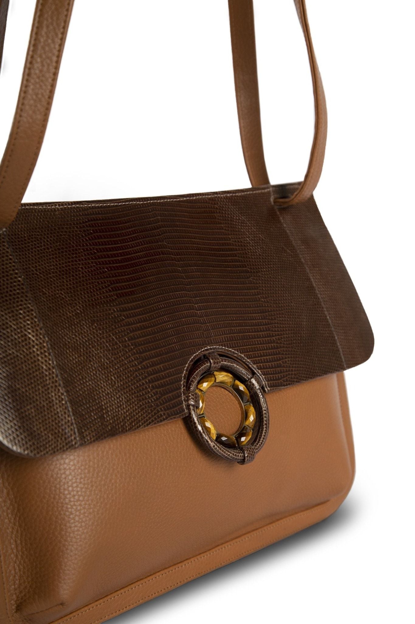 Detail of Tiger Eye Gemstone Grommet closure on Cognac Leather Saddle Bag - Darby Scott