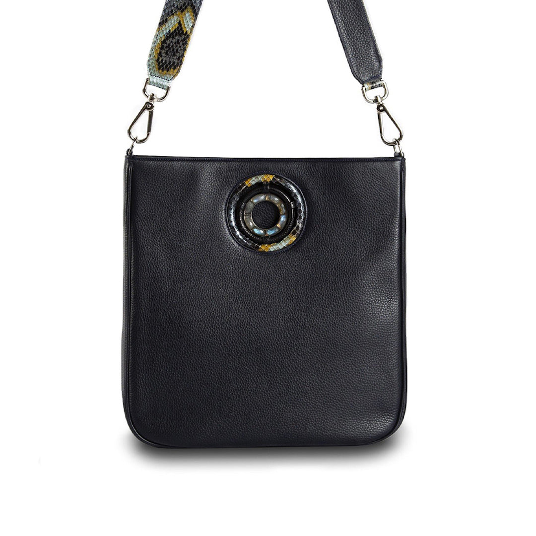 Navy Leather Jeweled Handbag, Cloe Crossbody Tote with Labradorite Gemstones - Darby Scott 