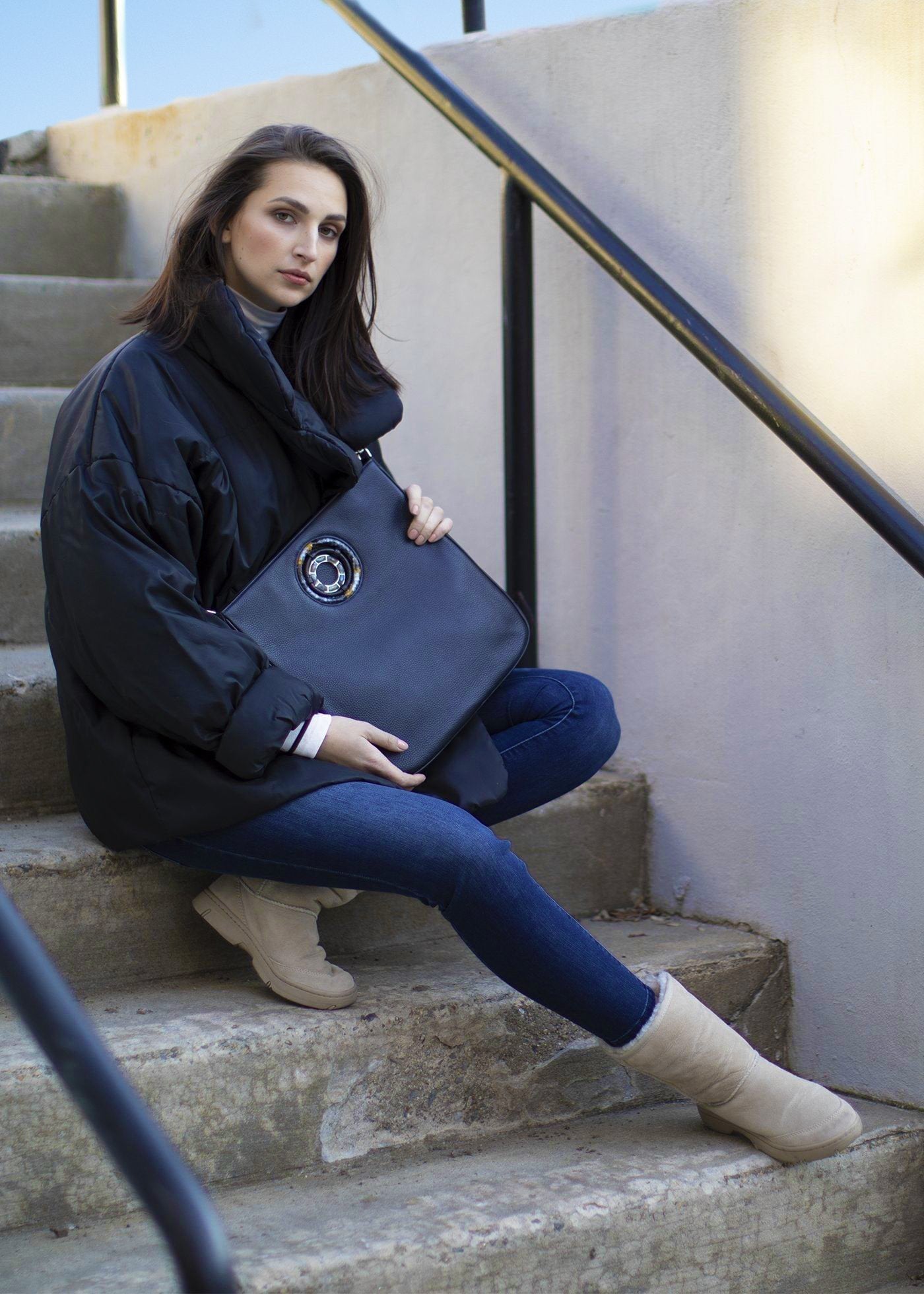 Model with Navy Leather Cloe Cross Body Tote - Darby Scott 