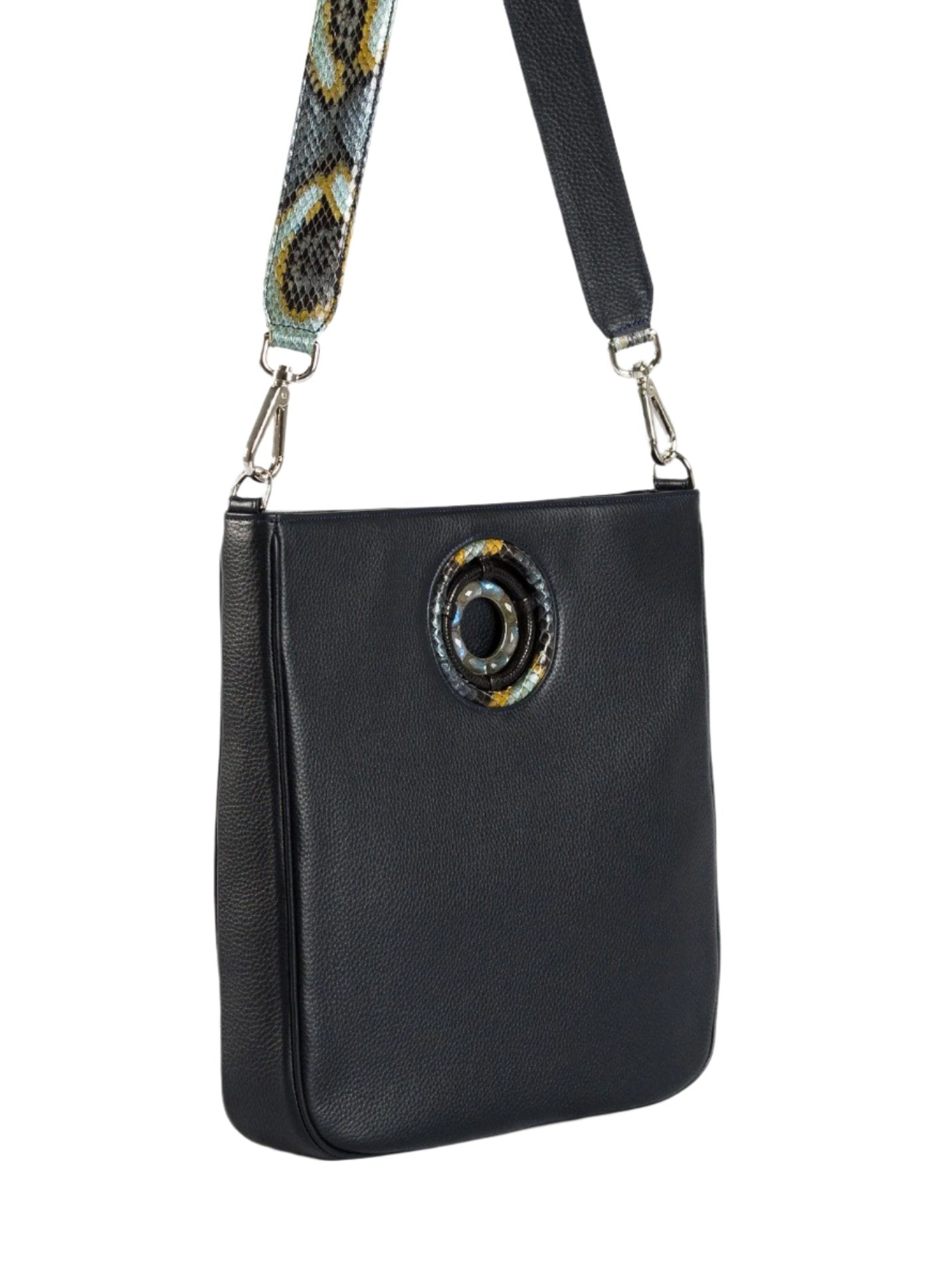 Navy Leather Cloe Cross Body Tote side view - Darby Scott