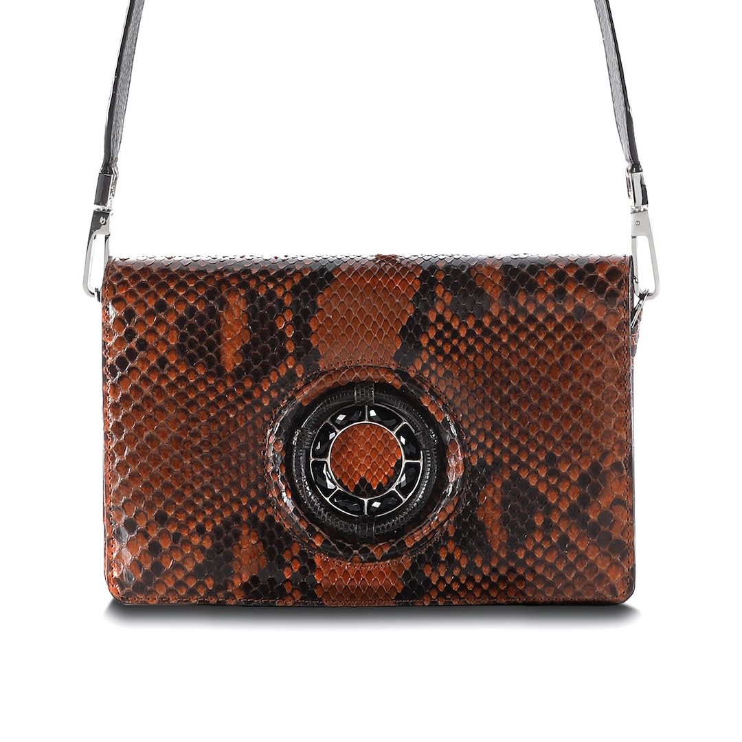 Cognac Python Jeweled Handbag, Anna Convertible Crossbody with Black Onyx Gemstones- Darby Scott