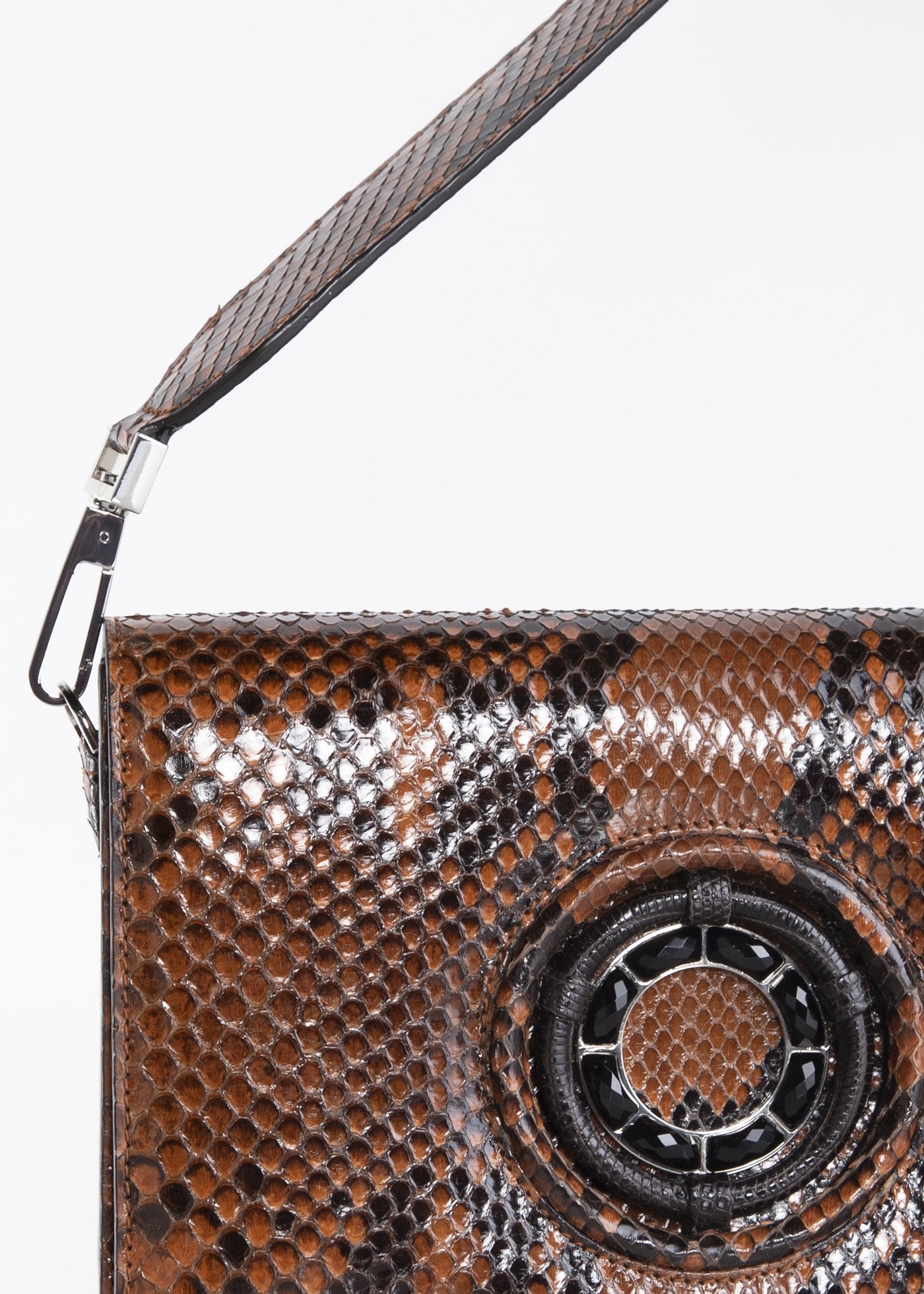 Black Onyx Grommet Detail on Cognac Python Anna Clutch - Darby Scott