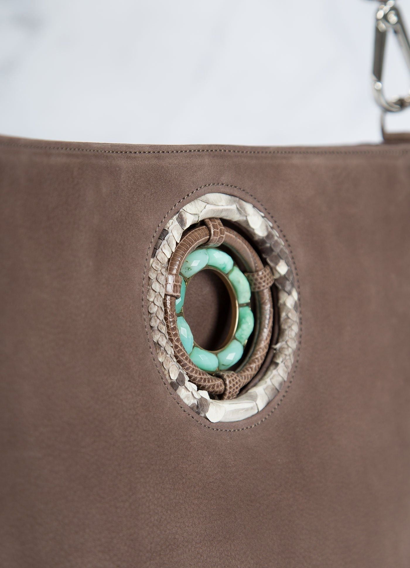 Chrysoprase gemstone grommet on light brown suede Cloe Tote - Darby Scott