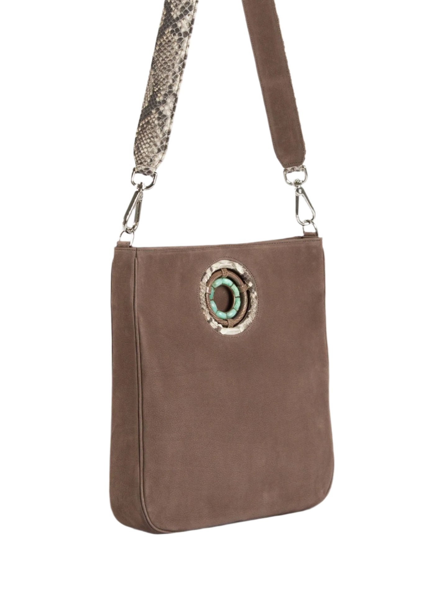 Light brown suede crossbody tote with natural python strap and trim - Darby Scott