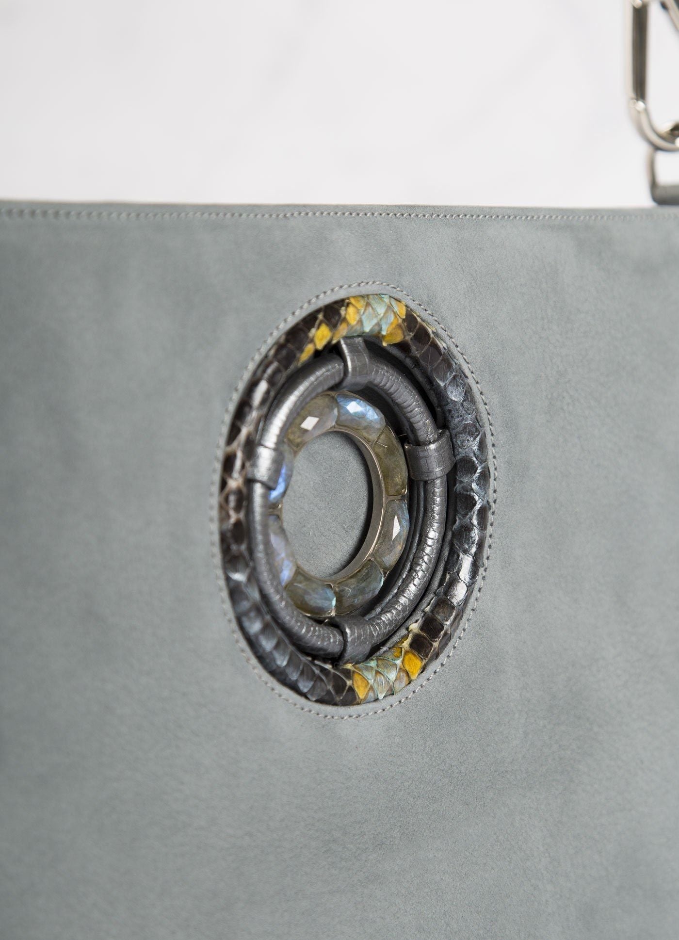 Close up of Labradorite Grommet on Denim Blue Cloe Tote - Darby Scott