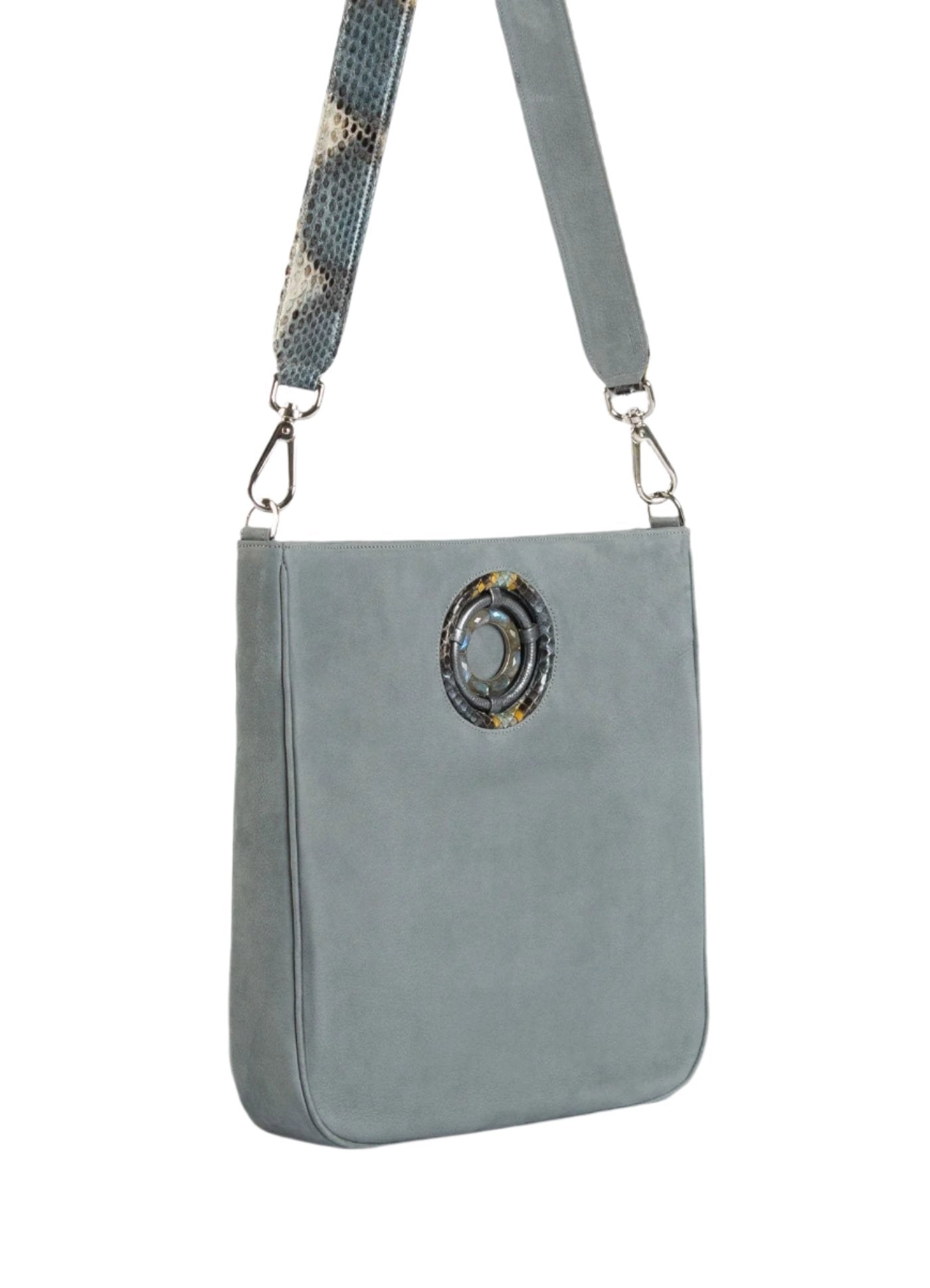 Side view of Denim Blue Crossbody Cloe Tote - Darby Scott