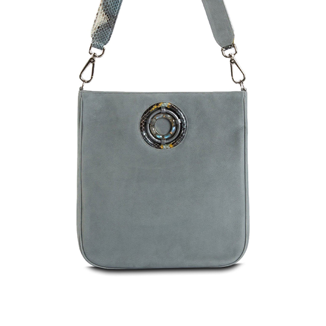 Blue Suede Jeweled Handbag, Cloe Crossbody Tote with Labradorite Gemstones - Darby Scott 