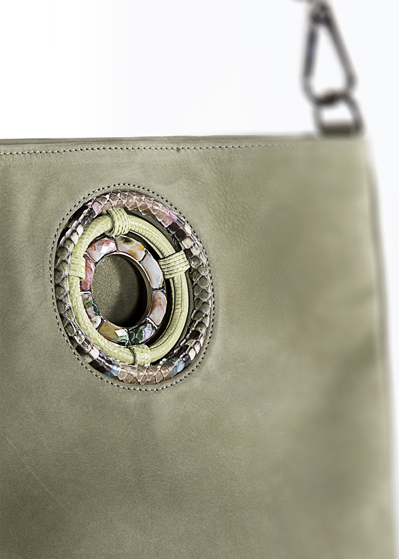 Jasper Gemstone Grommet Detail on Green Suede Cloe Tote - Darby Scott