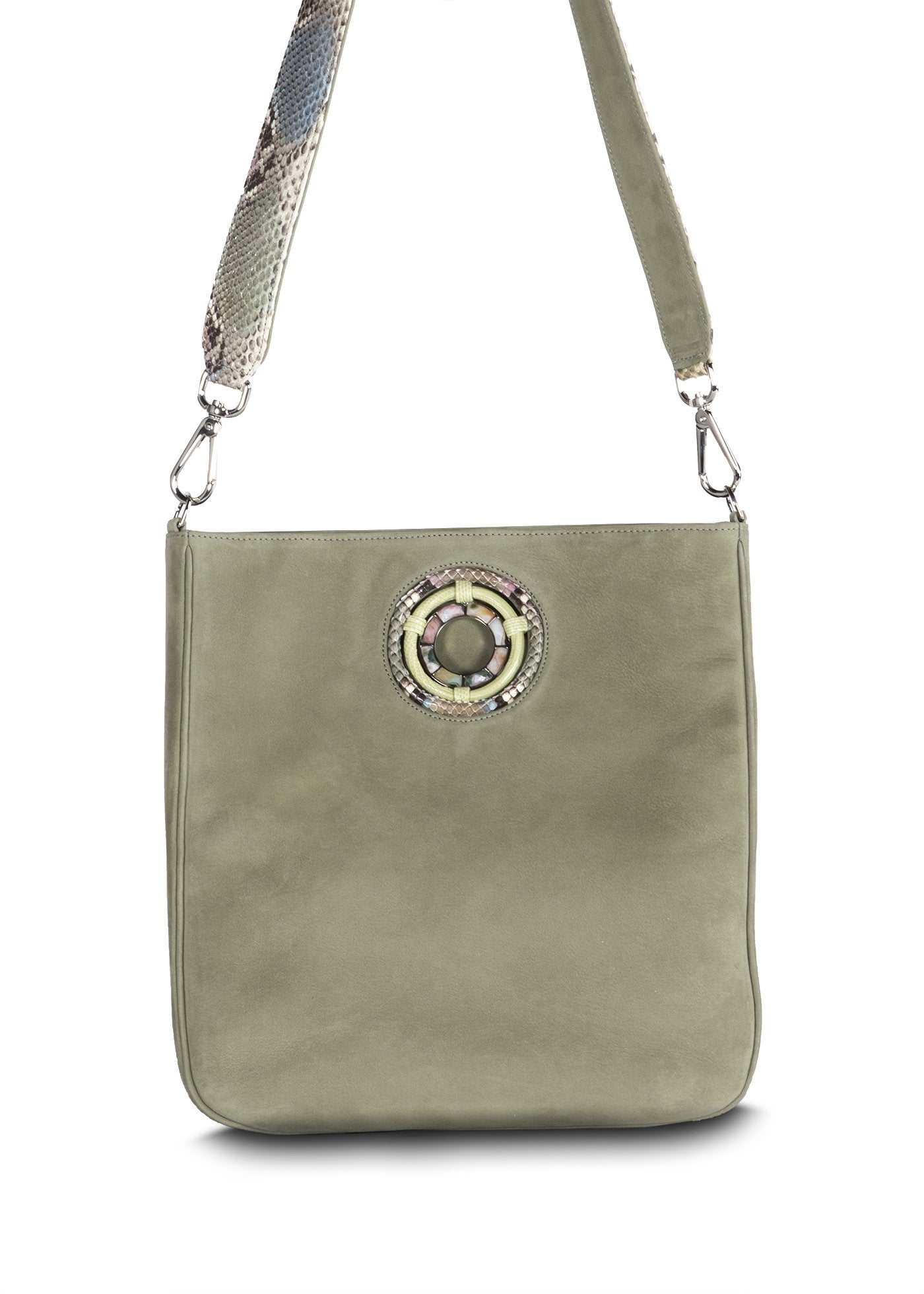 Green Suede Crossbody Tote with Python Strap - Darby Scott