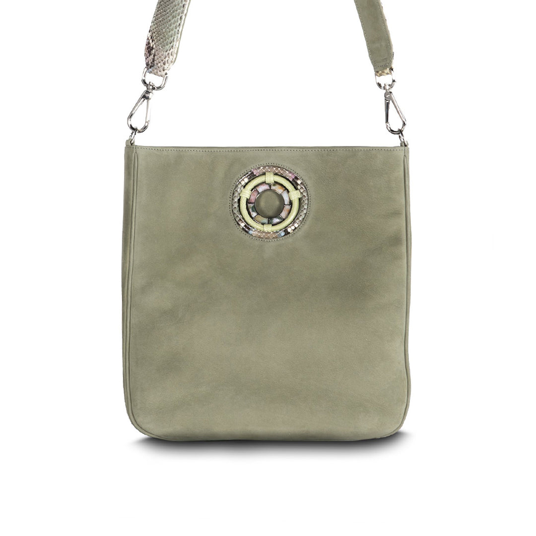 Green Suede Jeweled Handbag, Cloe Crossbody Tote with Japser Gemstones - Darby Scott 