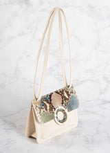 Side View Cream Suede with Pastel Python Mini Saddle Bag - Darby Scott