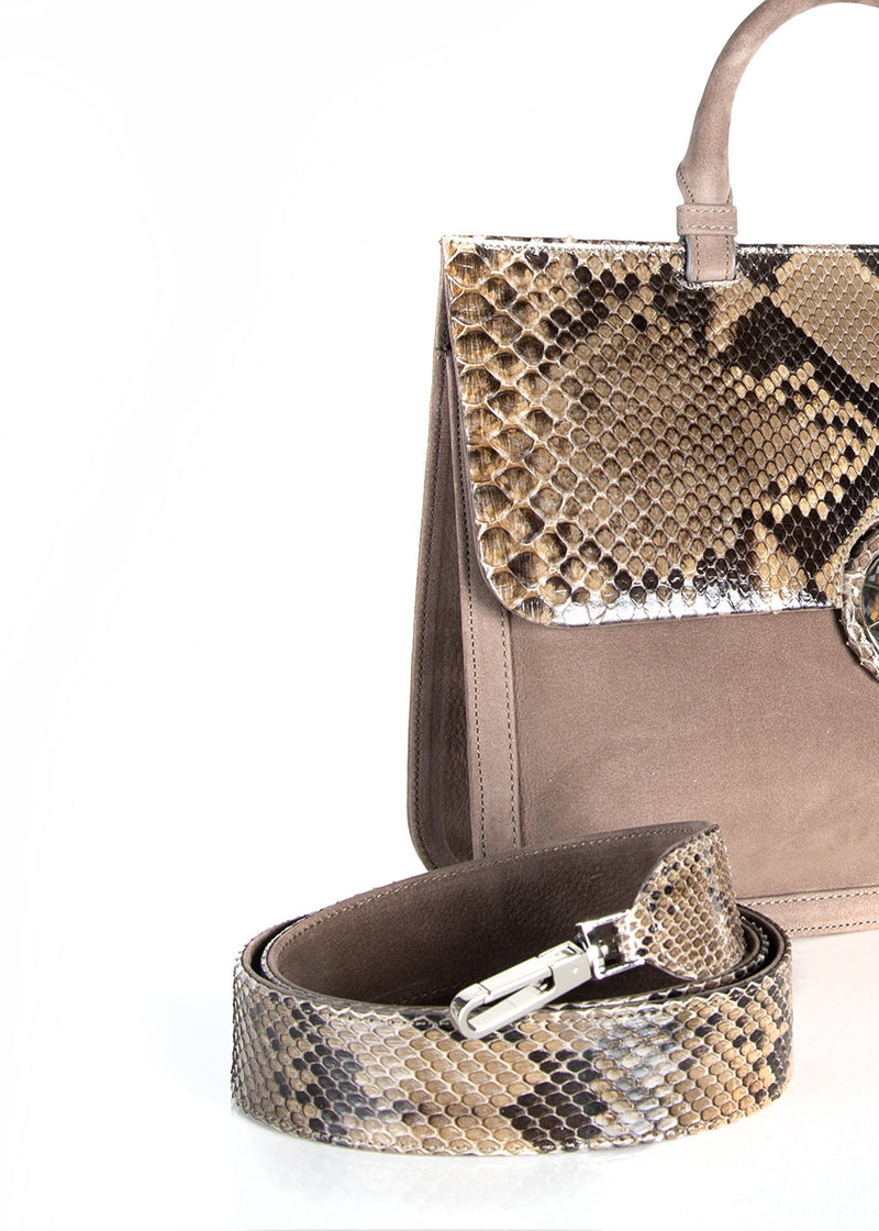 Python strap and detail view of saddle bag in light brown suede - Darby Scott