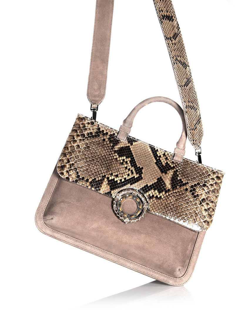 Python Flap and Crossbody Strap on Light Brown Suede Saddle Tote - Darby Scott