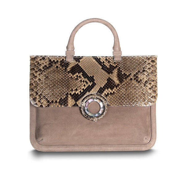 Brown Python & Suede Jeweled Handbag, Sydney Convertible Satchel with Jasper Gemstones - Darby Scott