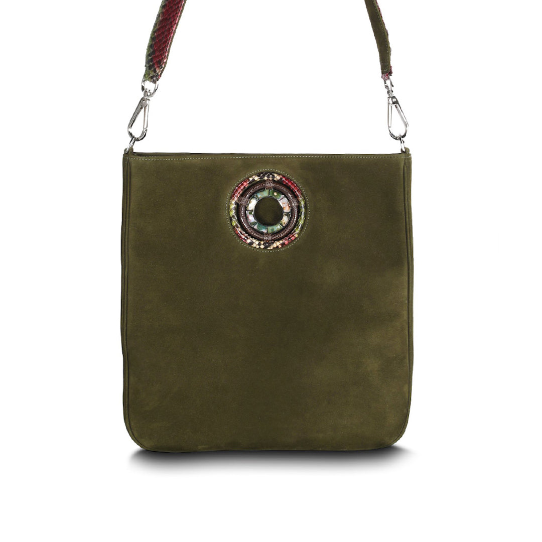 Green Suede Jeweled Handbag, Cloe Crossbody Tote with Jasper Gemstones - Darby Scott 