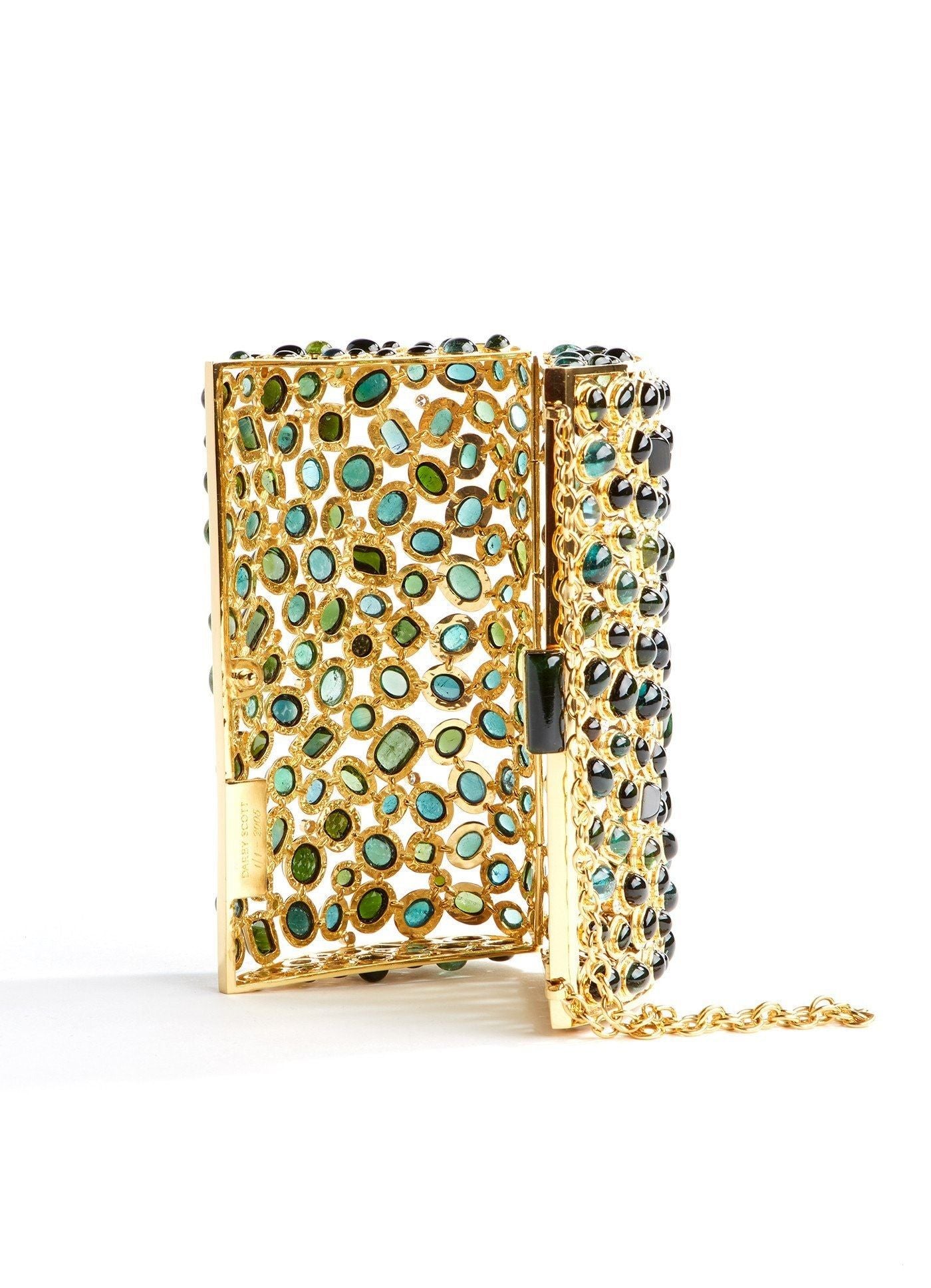 Upright open view Jeweled Minaudiere, Tourmaline & Diamond - Darby Scott