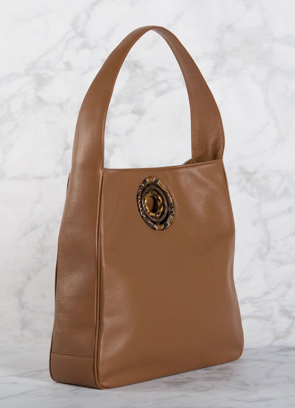 Side of Cognac Leather Paige Hobo with Tiger Eye Grommet - Darby Scott
