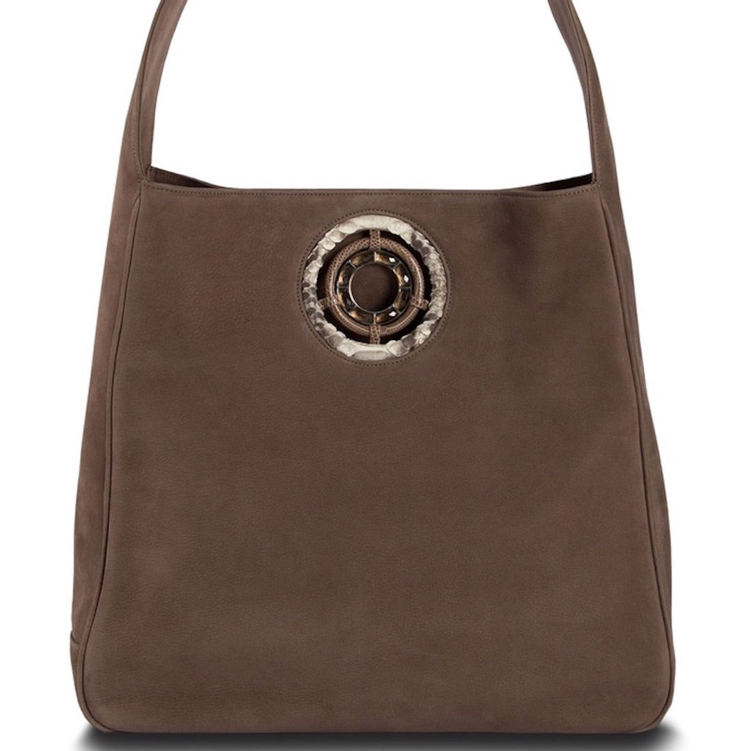 Paige Hobo in Cocoa Nubuck Leather with Smokey Topaz Grommet - Darby Scott