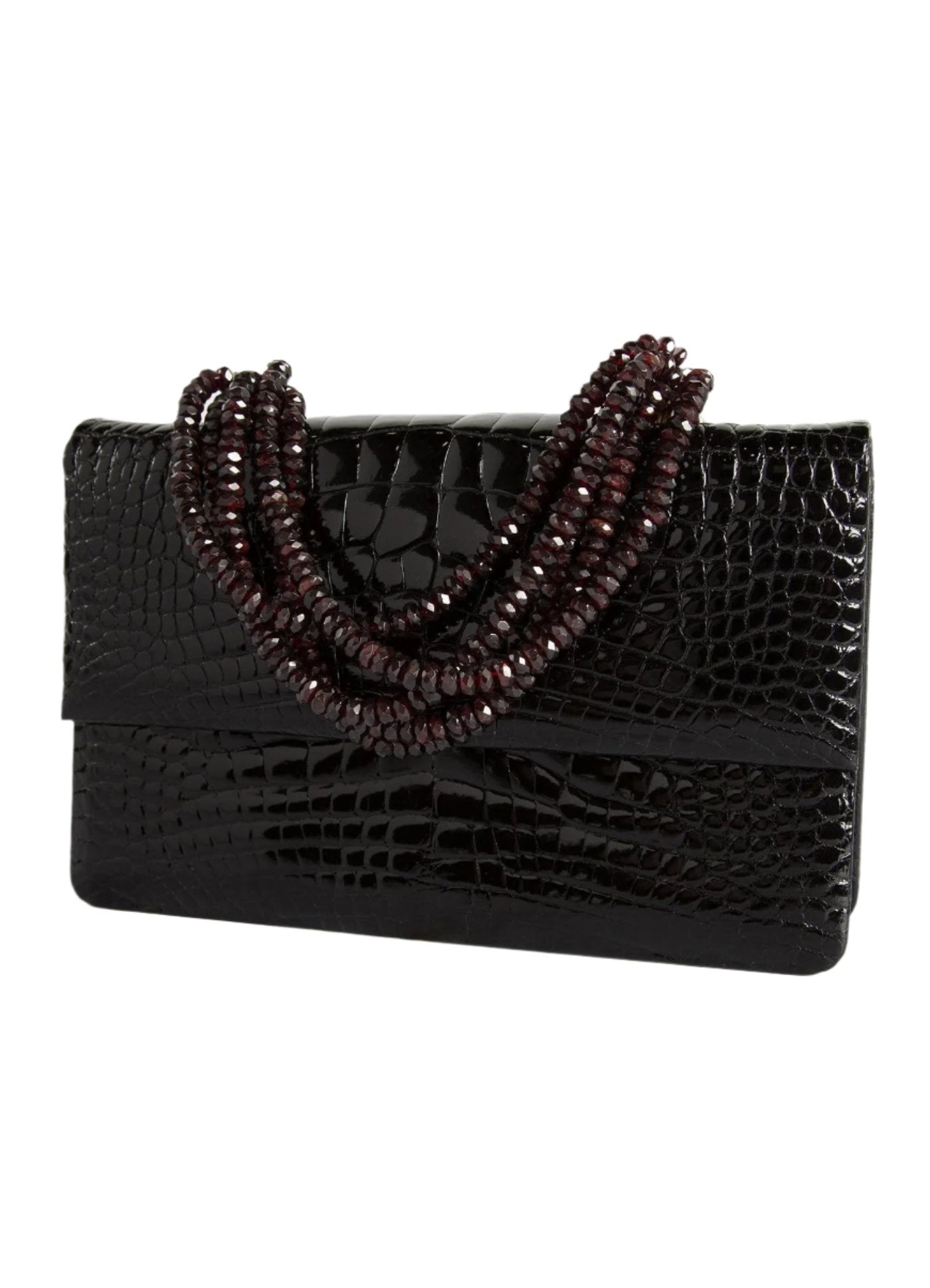 Angled view of Black Crocodile and Garnet Necklace Handbag - Darby Scott