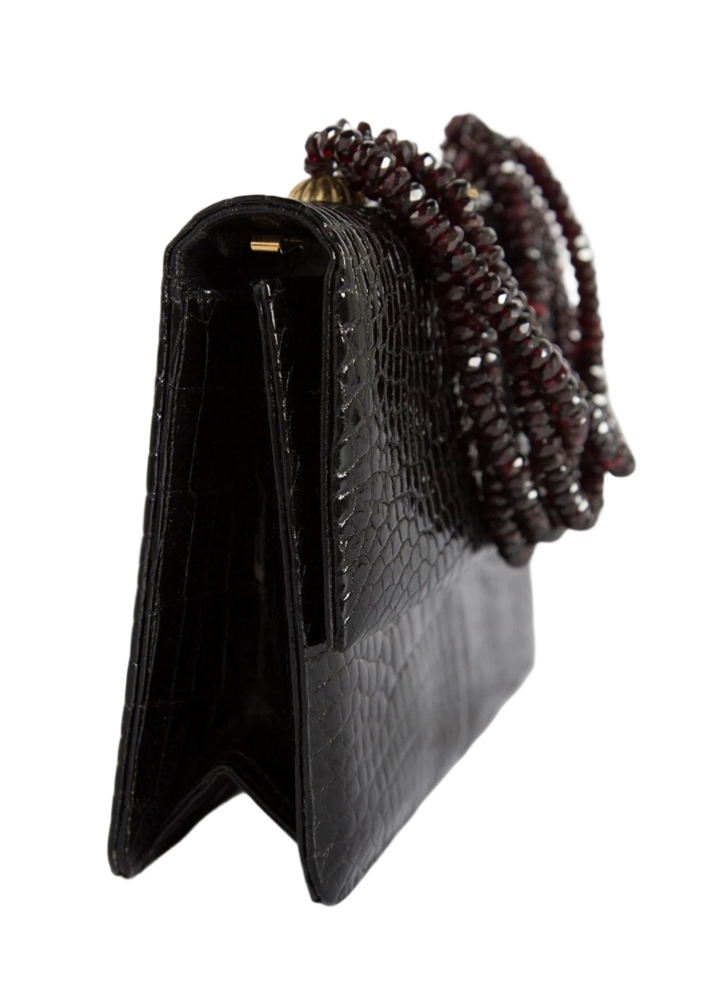 Side view of Black Crocodile and Garnet Necklace Handbag - Darby Scott