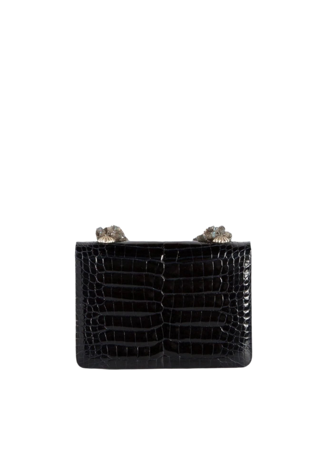 Backview of Navy Lizard Mini Handbag with Labradorite Multi-Strand Necklace Handle - Darby Scott