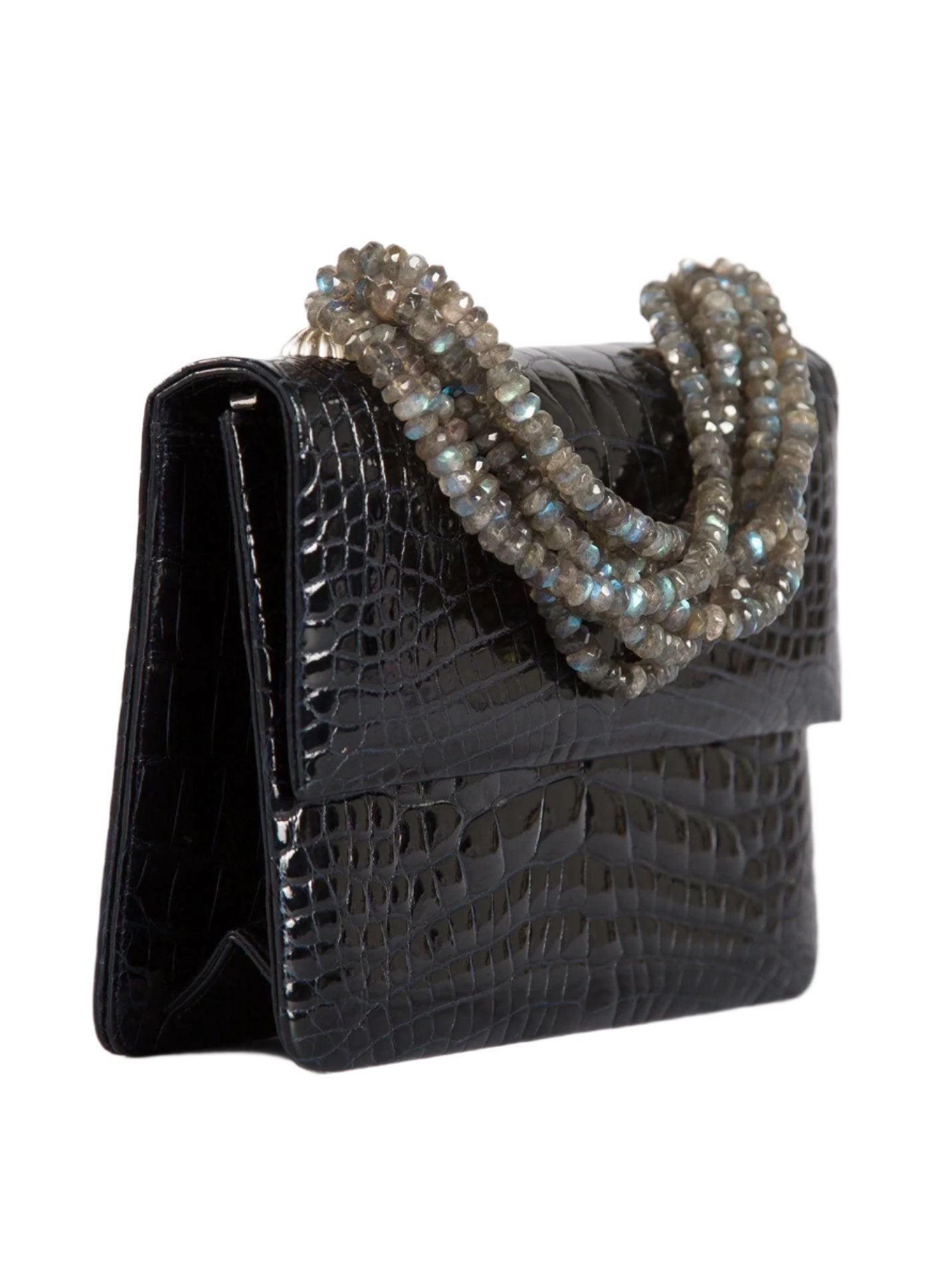 Side view of Navy Lizard and Labradorite Necklace Mini Handbag - Darby Scott