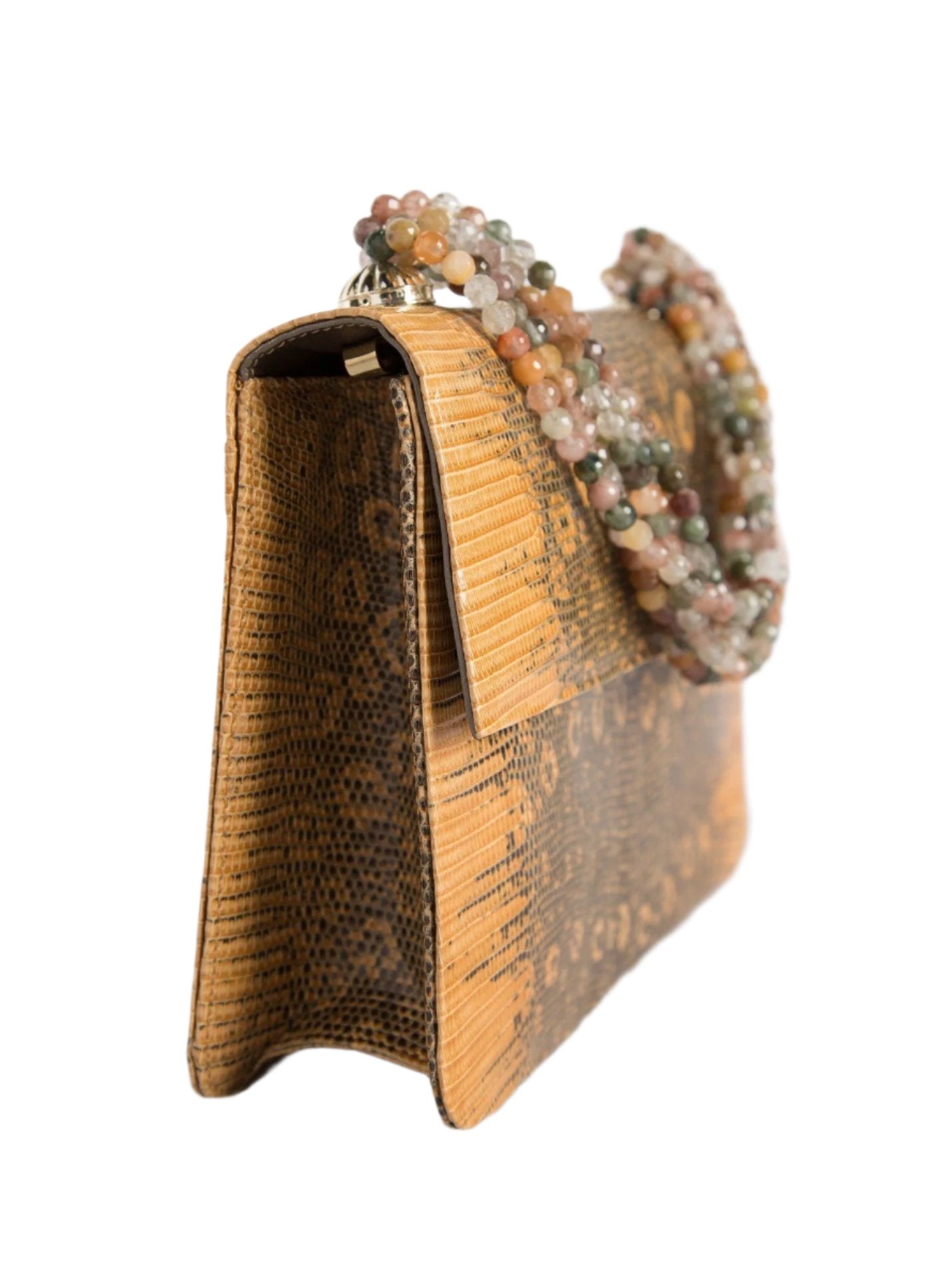 Side view of Apricot Lizard Iconic Necklace Handbag - Darby Scott