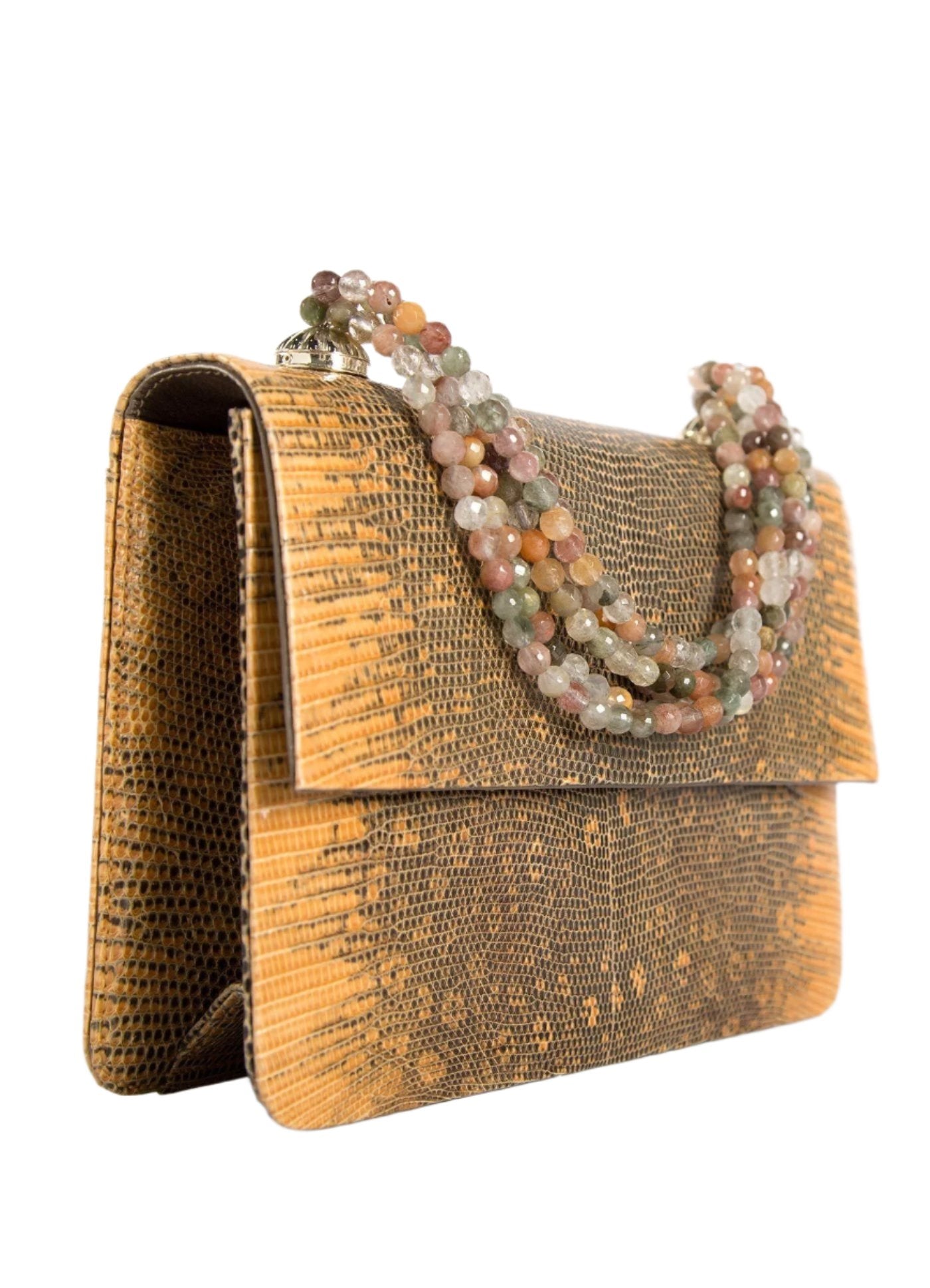 Side view of Apricot Ring Lizard and Rutilated Quartz Necklace Handbag mini - Darby Scott