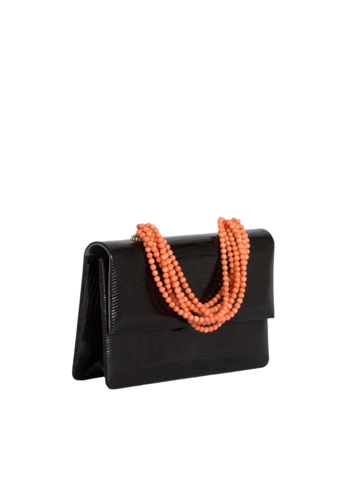 Angled view of Black Lizard and Coral Necklace Handbag - Darby Scott