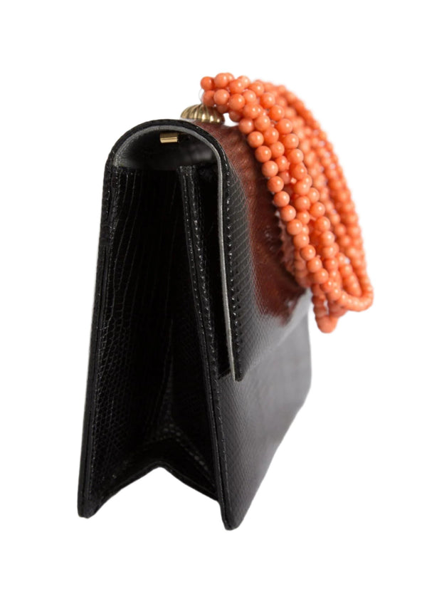 Side view of Black Lizard and Coral Necklace Handbag - Darby Scott