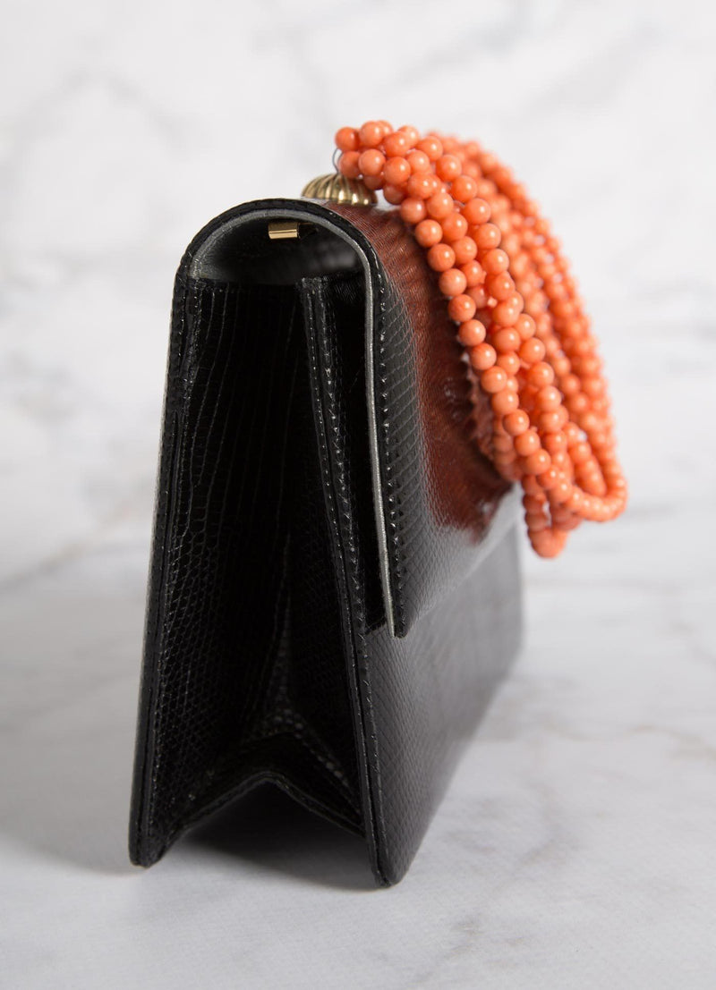 Side view of Black Lizard and Coral Necklace Handbag - Darby Scott