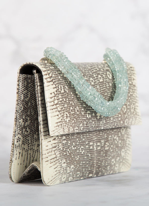 Side view Black & White Ring Lizard and Aquamarine Necklace Handbag mini - Darby Scott