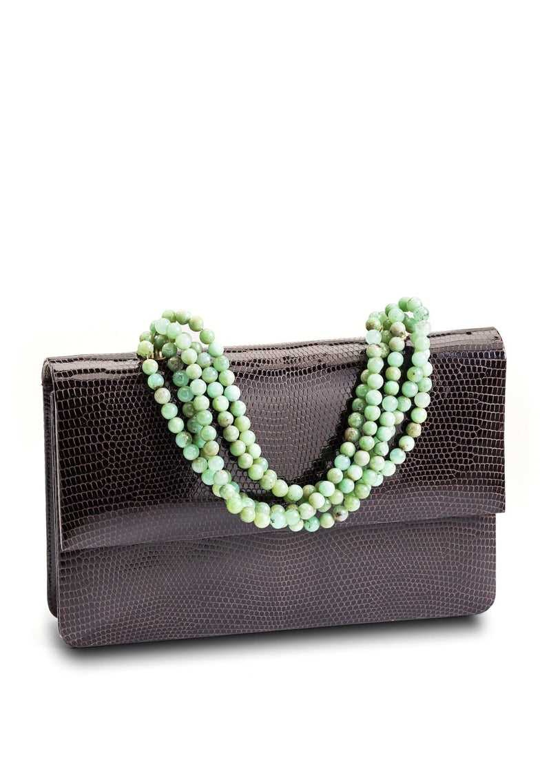 Angled view of Brown Lizard and Chrysoprase Necklace Handbag - Darby Scott