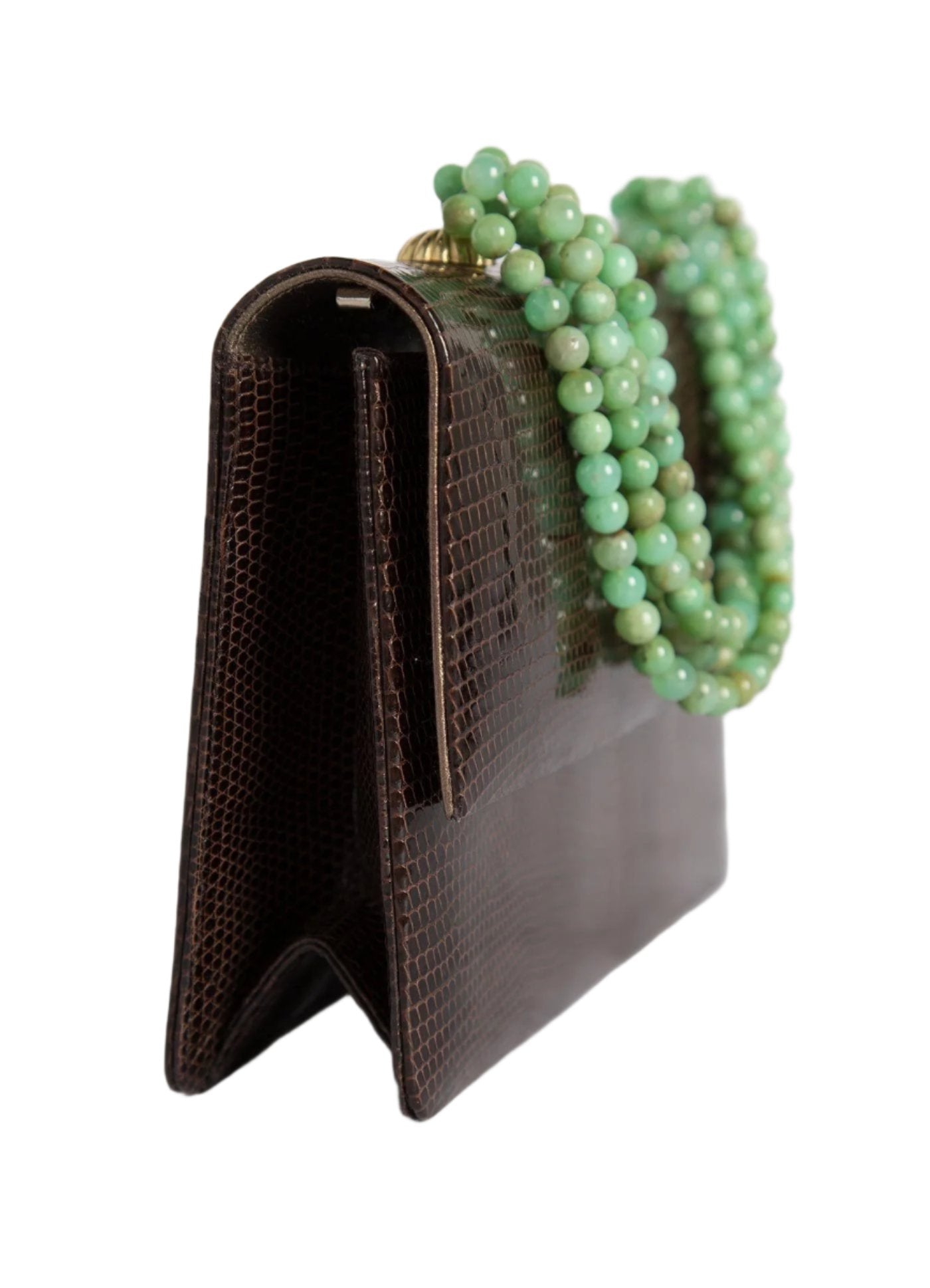 Side view Brown Lizard and Chrysoprase Necklace Handbag - Darby Scott