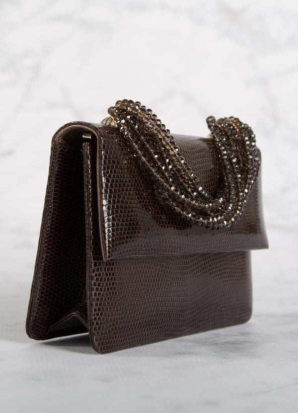 Side view of Brown Lizard and Smokey Topaz Necklace Handbag mini - Darby Scott