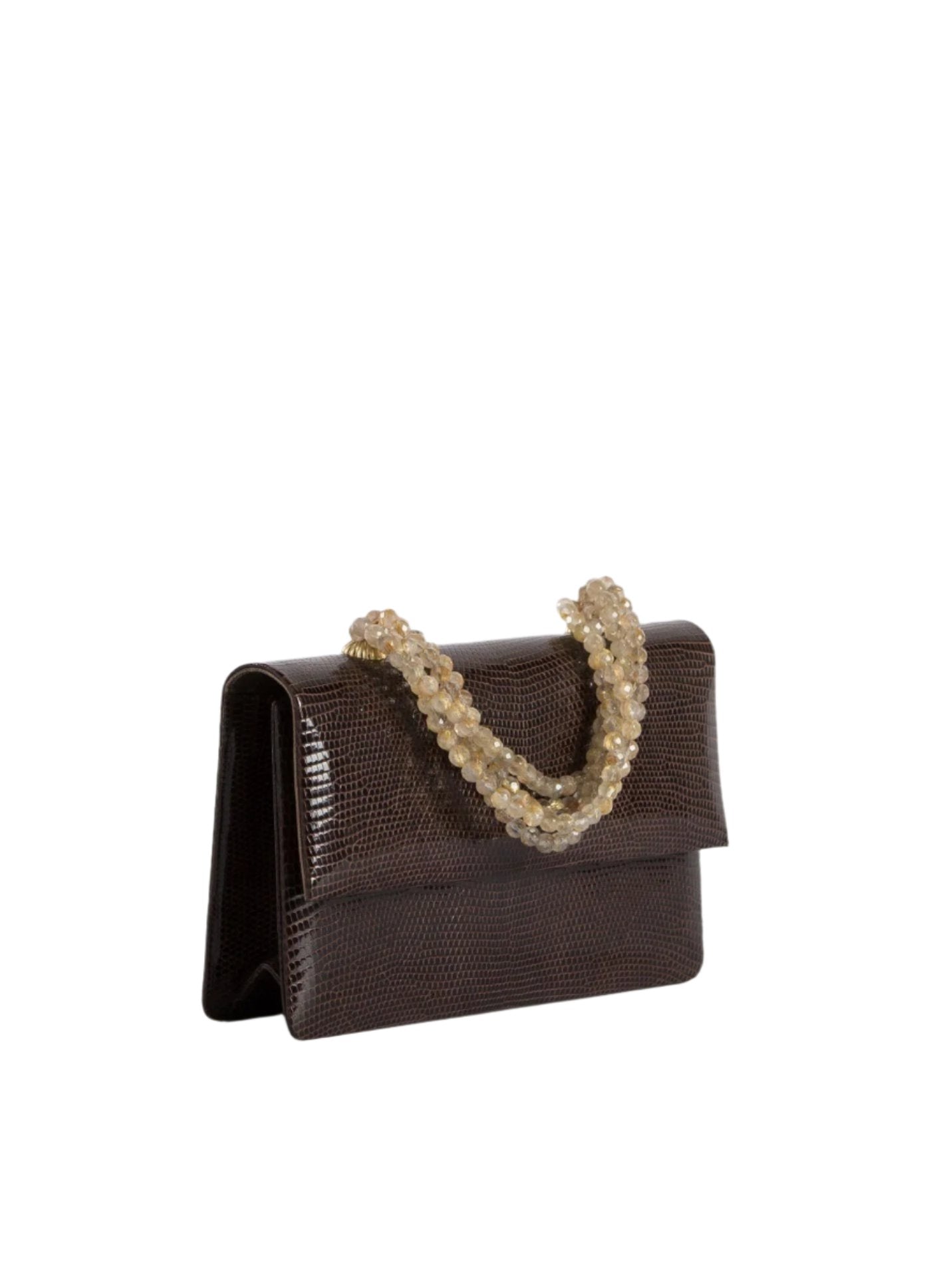 Angled view of Brown Lizard and Quartz Necklace Handbag - Darby Scott