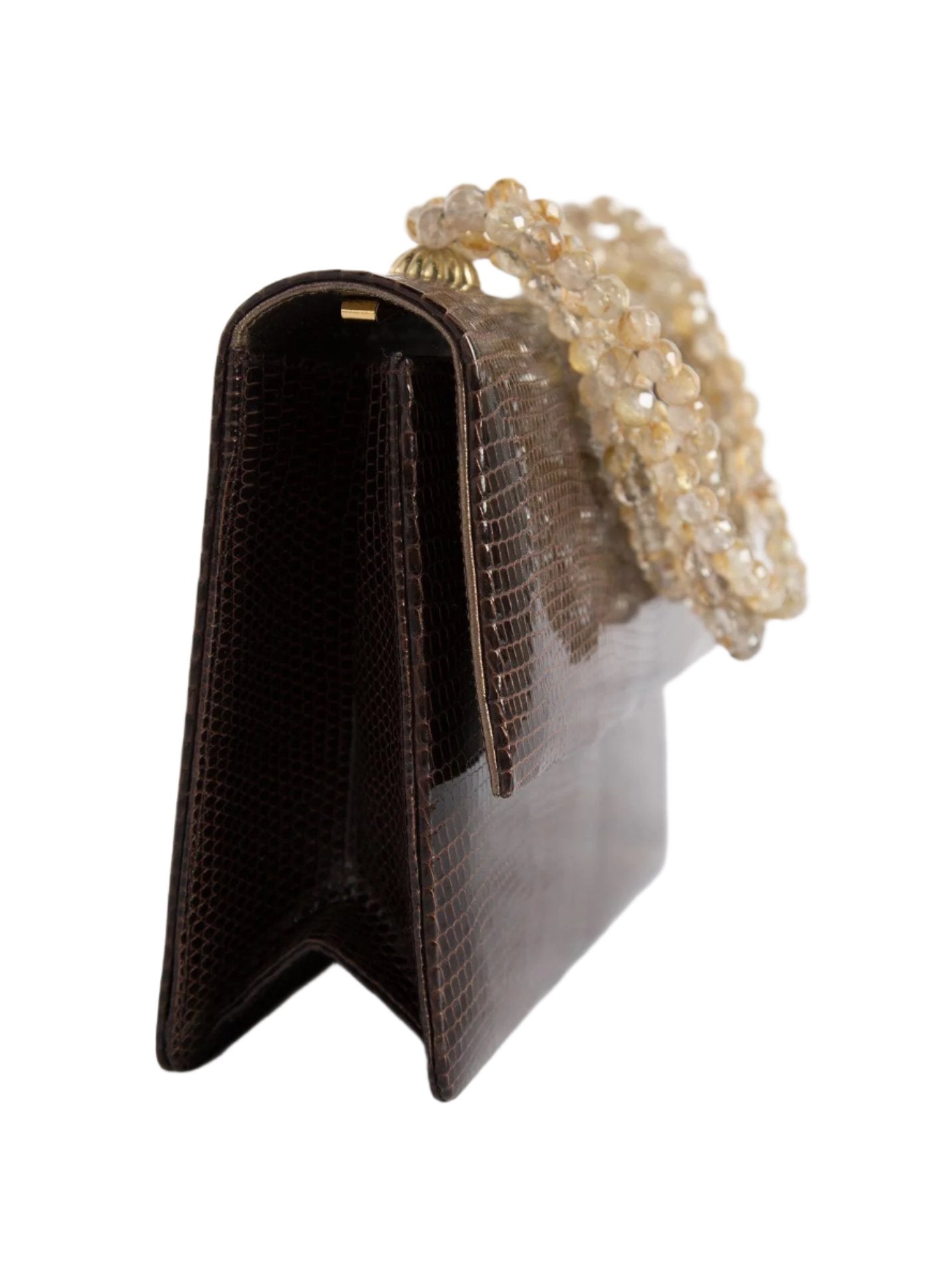 Side view of Brown Lizard and Quartz Necklace Handbag - Darby Scott