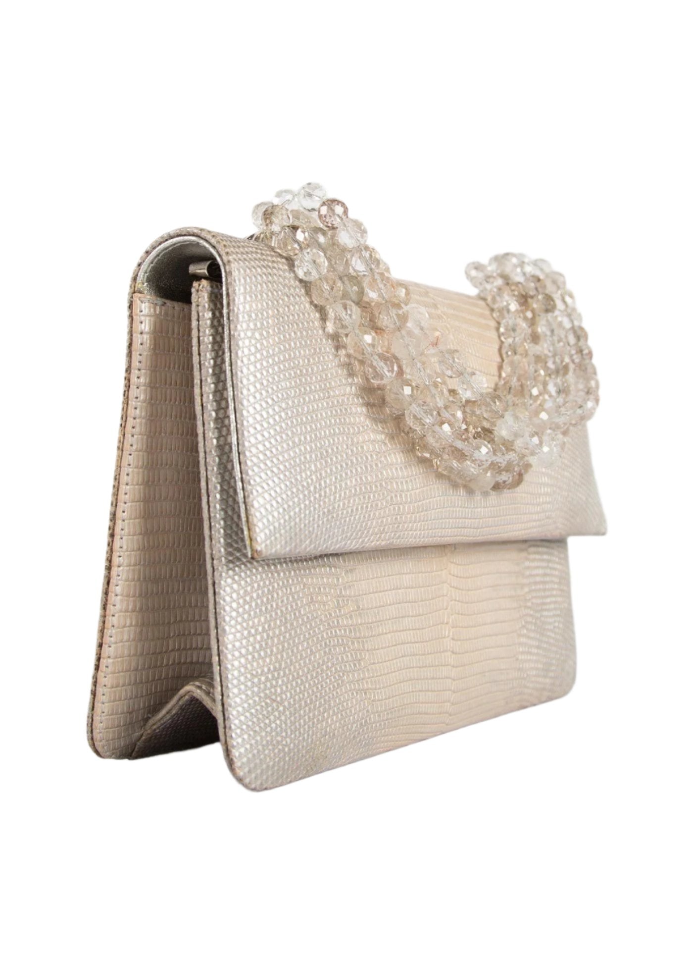 Side view of Champagne Ring Lizard and Rutilated Quartz Necklace Handbag mini - Darby Scott