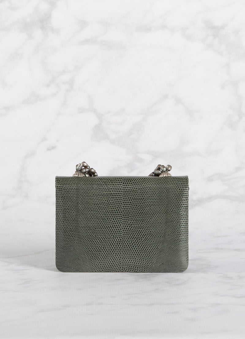 Back view of Grey Lizard and Mother of Pearl Necklace Mini Handbag - Darby Scott