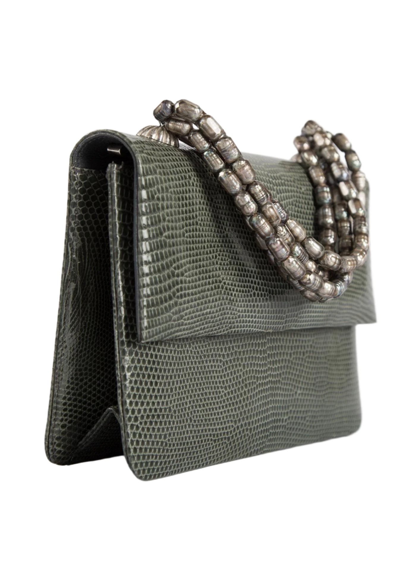 Side view of Grey Lizard and Mother of Pearl Necklace Mini Handbag - Darby Scott