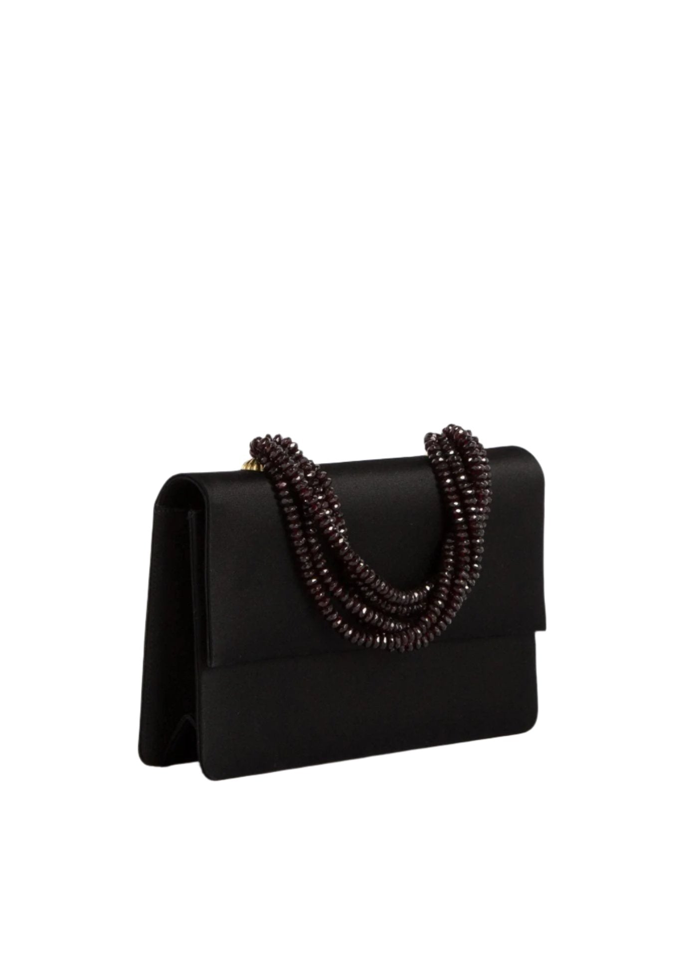 Angled view of Black Peau de Soie and Garnet Necklace Handbag - Darby Scott