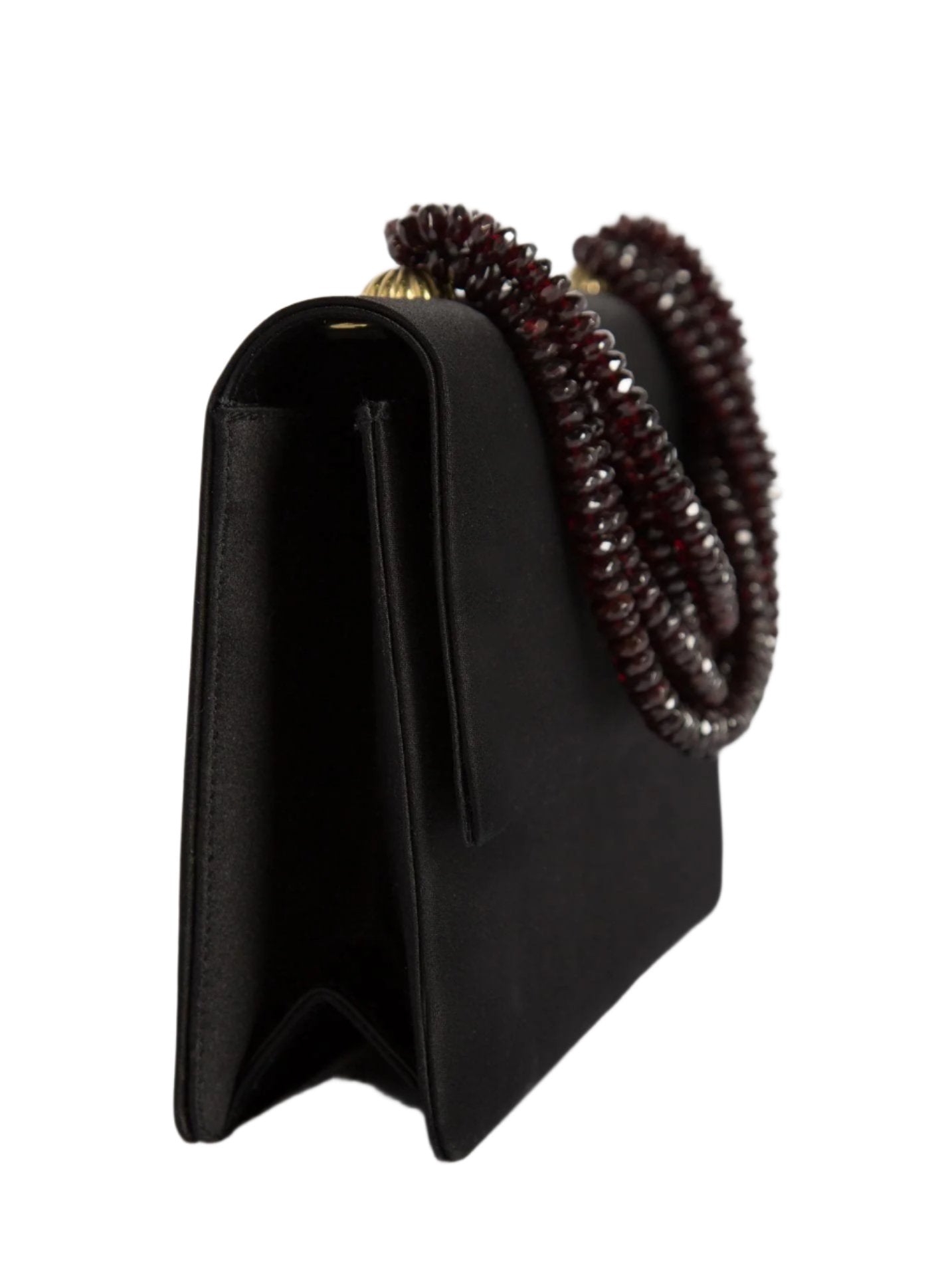 Side view of Black Peau de Soie and Garnet Necklace Handbag - Darby Scott