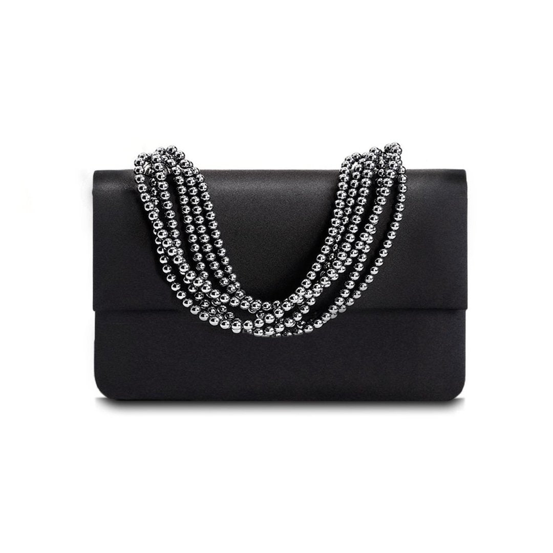 Black Silk Iconic Jeweled Handbag with Hematite Necklace Handle - Darby Scott