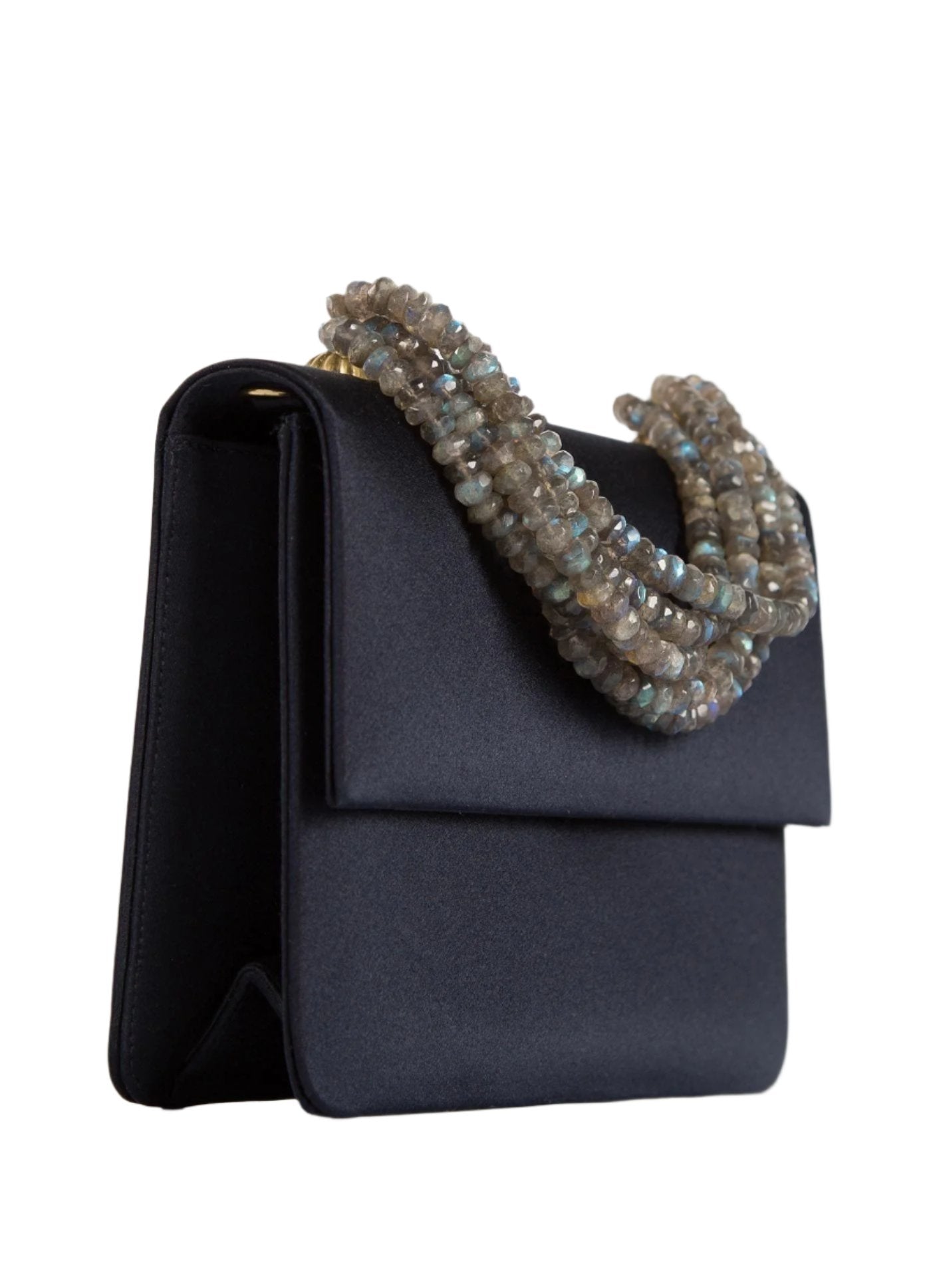 Side view of Navy Silk and Labradorite Necklace Handbag mini - Darby Scott