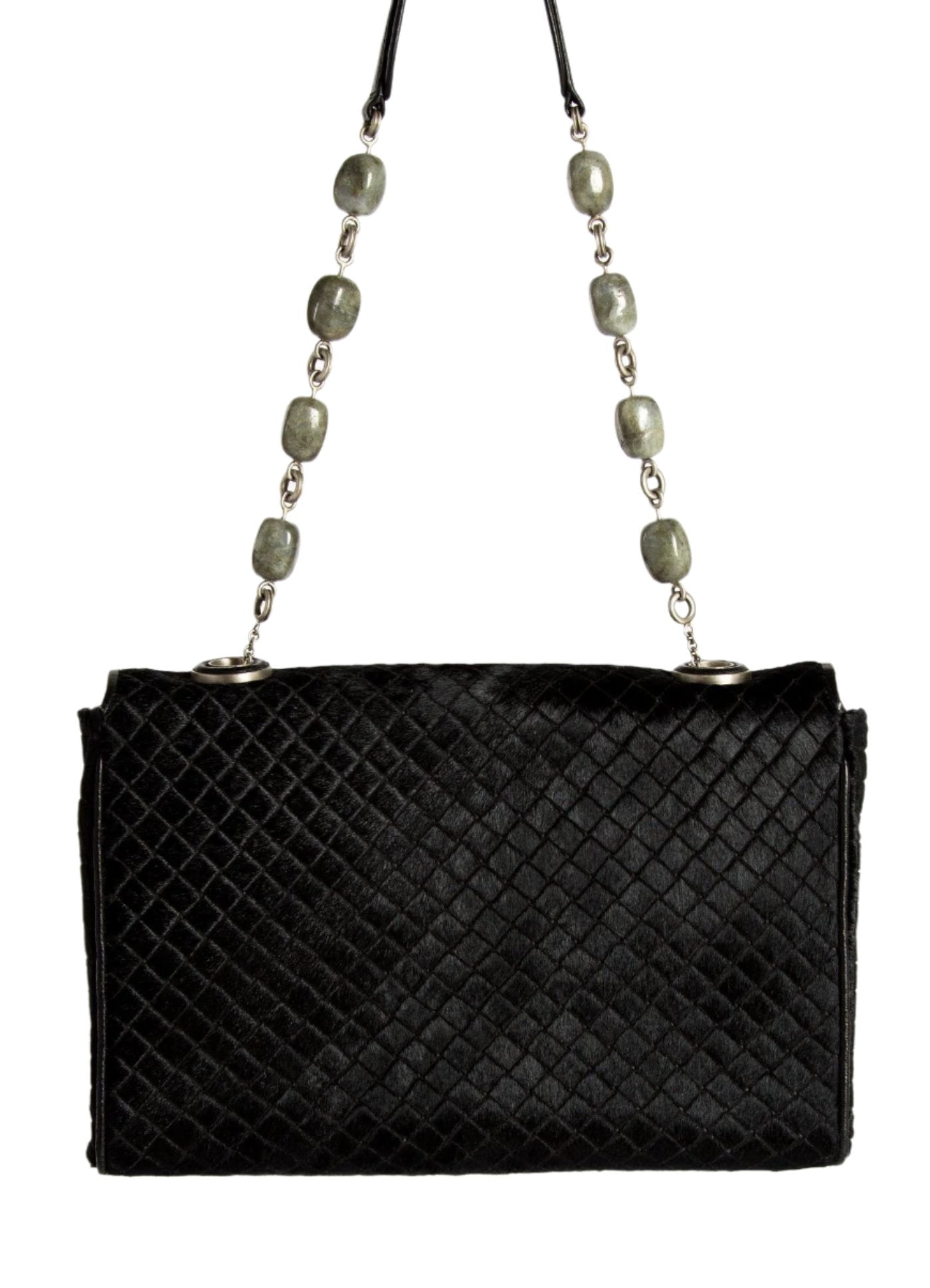 Black Haircalf Shoulder Bag with Linked Agate Bead Handle, back view - Darby Scott