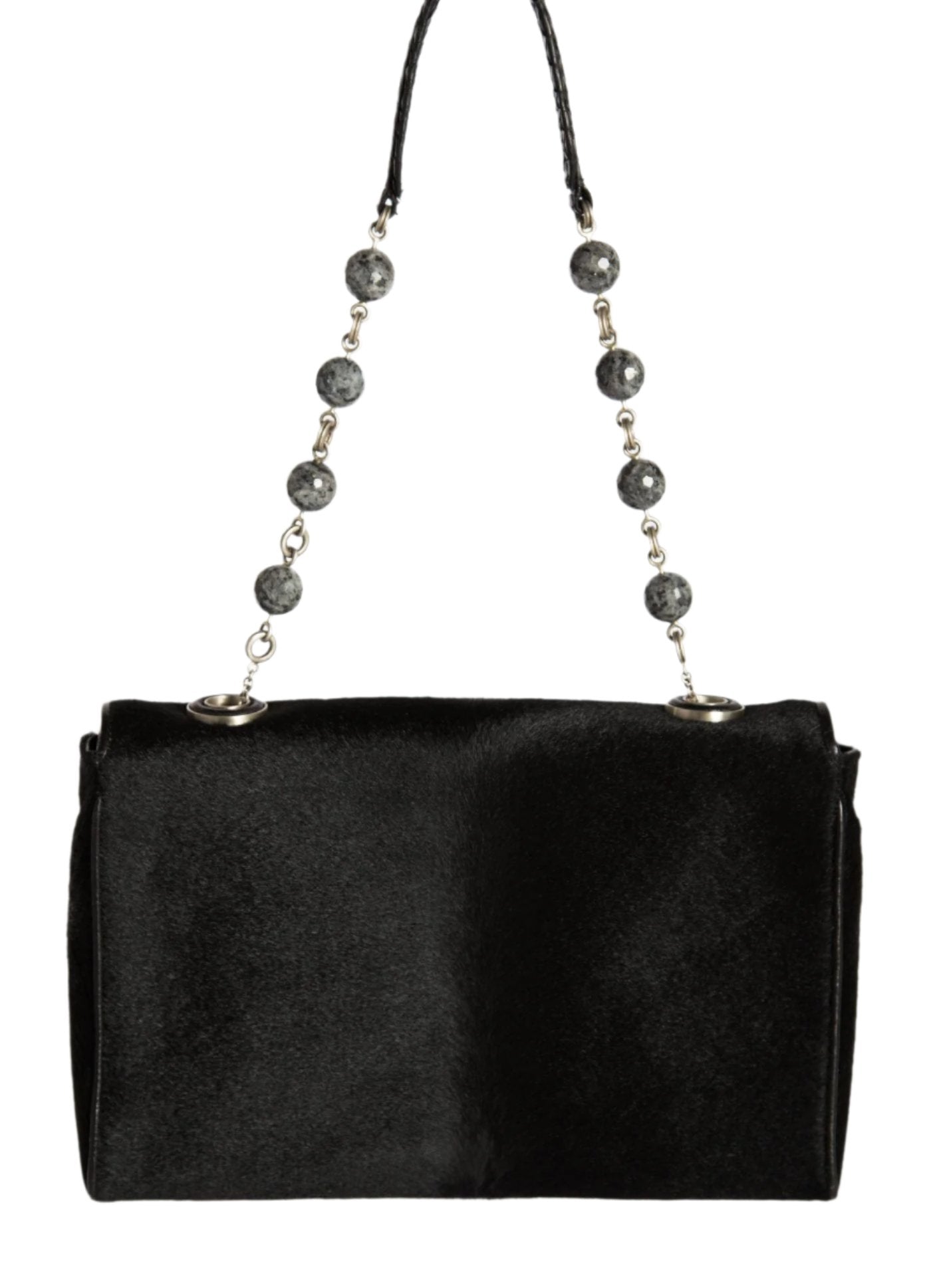 Black Shoulder Bag with Linked Agate Bead Handle, back view - Darby Scott