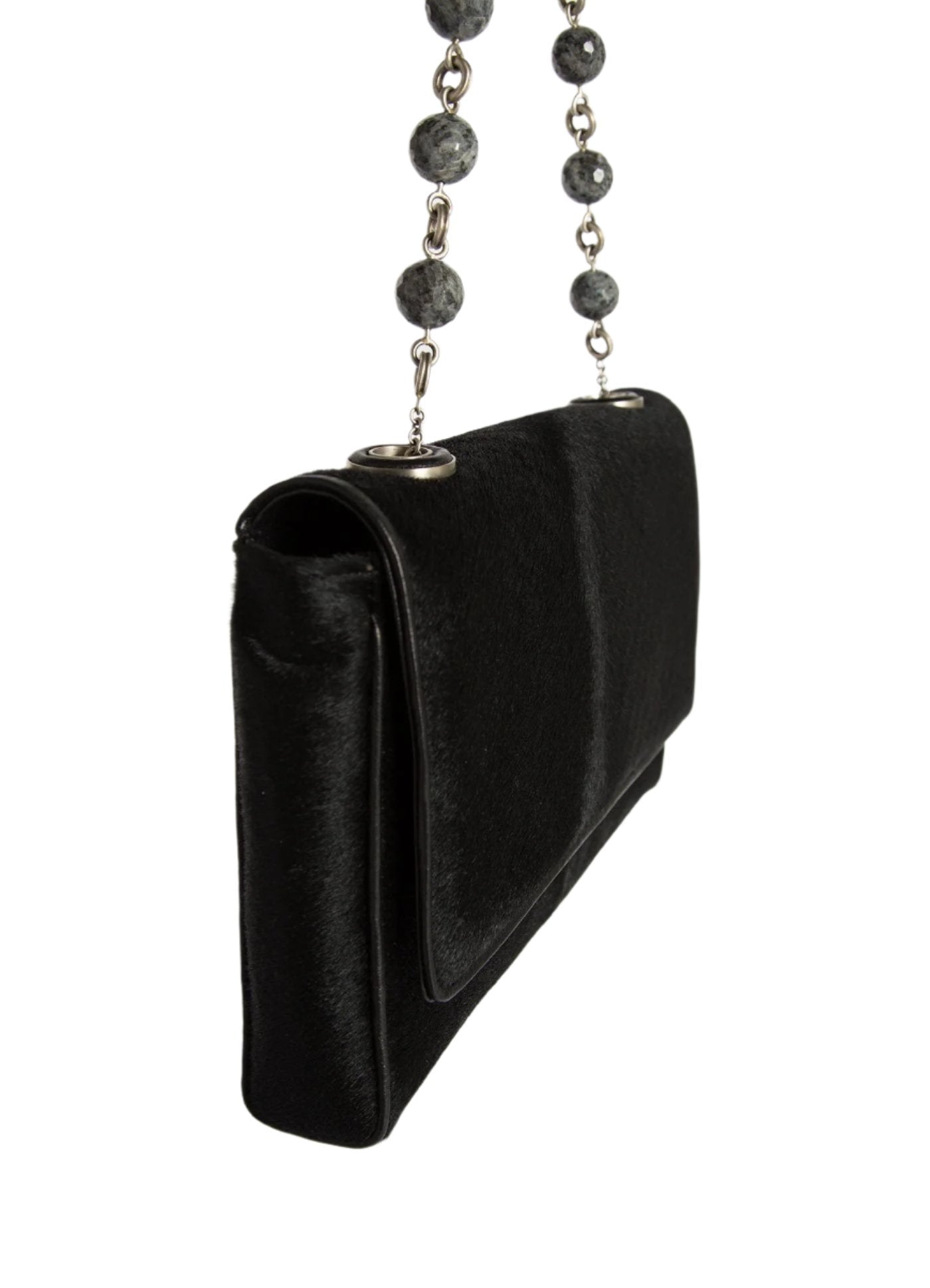 Black Haircalf Shoulder Bag with Linked Agate Bead Handle side view - Darby Scott